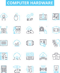 Computer hardware vector line icons set. Computer, Hardware, Monitor, Keyboard, Mouse, CPU, RAM illustration outline concept symbols and signs