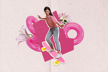 Composite collage picture image of funny funky young female skating longboard have fun summer...