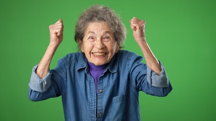 Fototapeta premium Portrait of excited winner smiling elderly senior old woman with wrinkled skin and grey hair on green screen background.