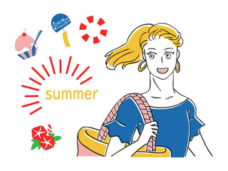 夏を楽しむ女性の手描きイラスト
