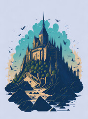 Abbey on the island landscape. AI generated illustration