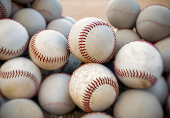 huge pile of Base Balls. blurred playground background. selective focus image.