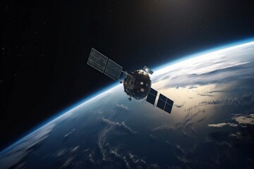 Fototapeta na wymiar Satellite on orbit of planet Earth. Cargo spaceship in space exploration. Generative AI