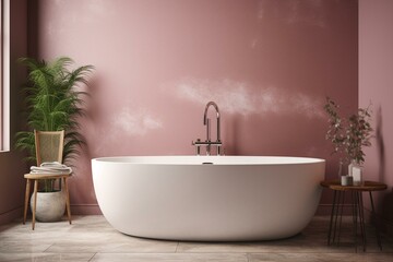 Naklejka na ściany i meble Contemporary bathroom with white tub against textured pink wall. Generative AI