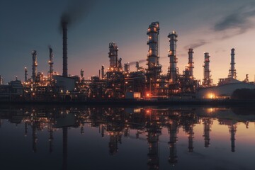 Obraz na płótnie Canvas A big oil refinery at dawn with a clear sky 3D panorama. Generative AI