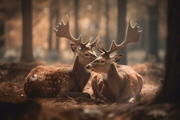 Naklejka na ściany i meble Romantic deer couple cuddling for Valentine's Day. Generative AI