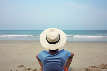Fototapeta na wymiar Back view of a man wearing a hat sitting on a beach. Created with Generative AI Technology