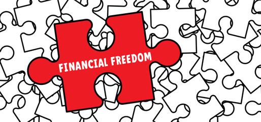 Cartoon jigsaw puzzle, puzzel pieces connection and slogan financial freedom. Key to money, financial concept. Debt free direction. Out of bankruptcy improve finances. Business concept. 