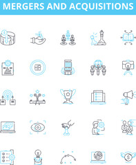 Mergers and acquisitions vector line icons set. Mergers, Acquisitions, Consolidation, Buyouts, Merging, Hostile, Takeovers illustration outline concept symbols and signs