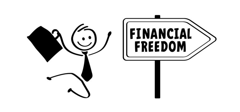 Cartoon stickman with financial freedom signboard. Key to money, financial concept. Debt free direction. Out of bankruptcy improve finances. Business concept. Passive income. Stick man is happy.