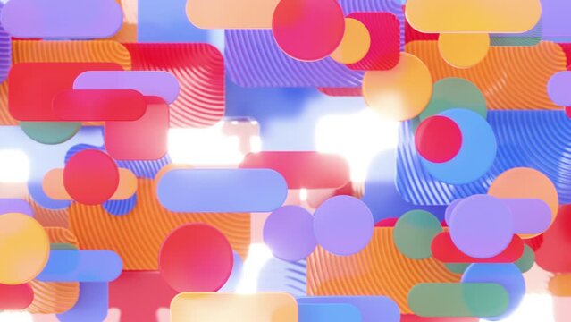Seamless loop animation of an array of colorful, plastic shapes streaming across a white background.
Shapes come in shades of vibrant red, orange, blue, and green colors. Ultra HD 4K 3840x2160