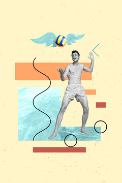 Vertical artwork collage young guy volleyball player resting fresh air seaside beach beat ball wear swim shorts colorful drawing photo