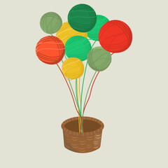 Multicoloured balls of yarn as hot air balloon. Cartoon vector illustration.