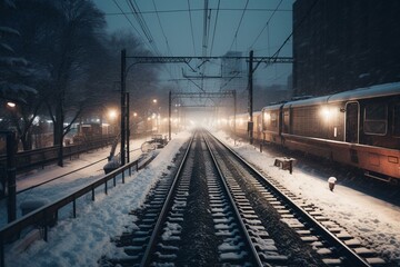 Obraz na płótnie Canvas Snowy train tracks in winter. Generative AI