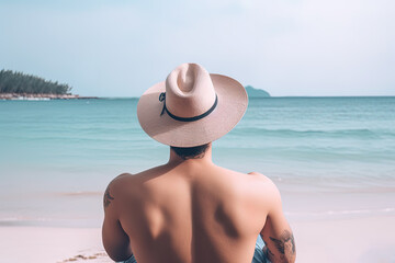 Back view of a man wearing a hat sitting on a beach. Created with Generative AI Technology