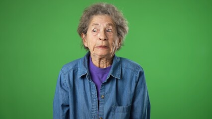 Fototapeta na wymiar Portrait of angry frustrated despair upset portrait of elderly senior old woman with wrinkled skin and grey hair isolated isolated on green screen background.