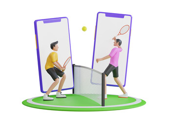 3d tennis ball with racket on smartphone screen. playing tennis on court. Playing Tennis. 3D Illustration
