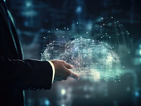 Gesch&auml;ftsmann ber&uuml;hrt Cloud Computing Netzwerk. Cloud Technologie f&uuml;r sichere Online Datenspeicherung und Daten&uuml;bertragung in Unternehmensnetzwerken,  ,Generative AI