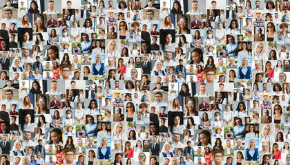 Multiracial people crowd portraits headshots collection, collage mosaic. Many lot of multicultural...