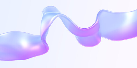 Abstract background with holographic iridescent ribbon 3d render. Wavy curvy colorful shape of glass, plastic or acrylic with blue purple gradient texture, flying flow of liquid form. 3D illustration - obrazy, fototapety, plakaty