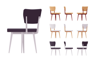 Chairs big set for dining, kitchen, living, guest room. Vacation house, reading, tea corner or comfort desk seat. Vector flat style cartoon home, office articles isolated on white background