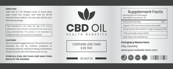 CBD Label Design Template, CBD Dropper Bottle Oil, Hemp Oil Label Template, Supplement Label Design, Product Packaging Design, Extract From Hemp, Bottle Label Design Vector Illustration