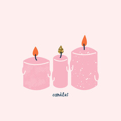 Stylish illustration with three candles. Vector print, design, postcard