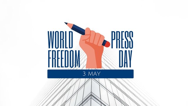 3 May 2023 - World Press Freedom Day. Eye-catching poster with bold text and a symbolic hand gesture. white background with high rise building. Unique design for social media and web platforms.