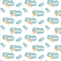Naklejka premium Pattern depicting a sleeping bear cub on the moon with stars and clouds vector image
