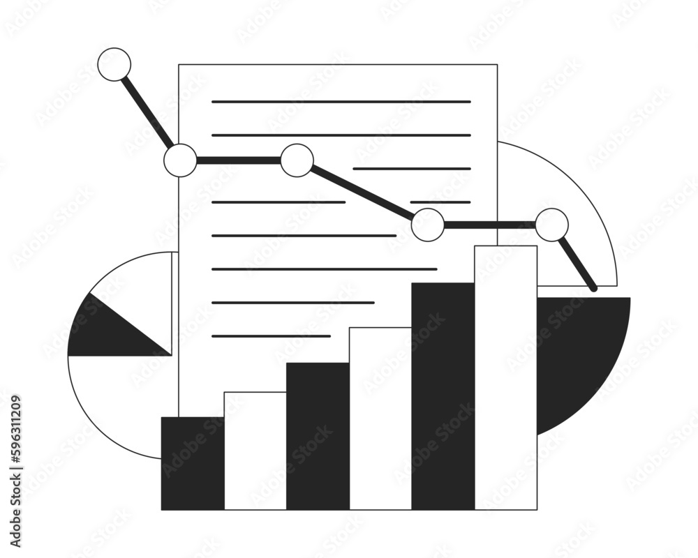Poster sales growth planning flat line black white vector icon. line graphs with pie charts. editable carto