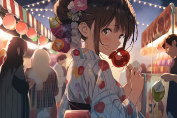 Girl buying and eating candy apples at a festival stall, Generative AI