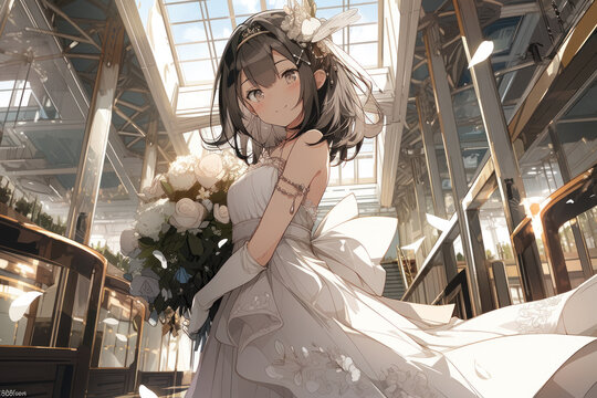 Beautiful girl in a pure white wedding dress, Generative AI