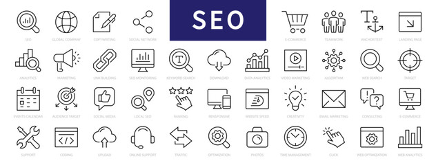 Search Engine Optimization - SEO thin line icons set. SEO icon collection. Web Development and Optimization icons. Vector illustration - obrazy, fototapety, plakaty