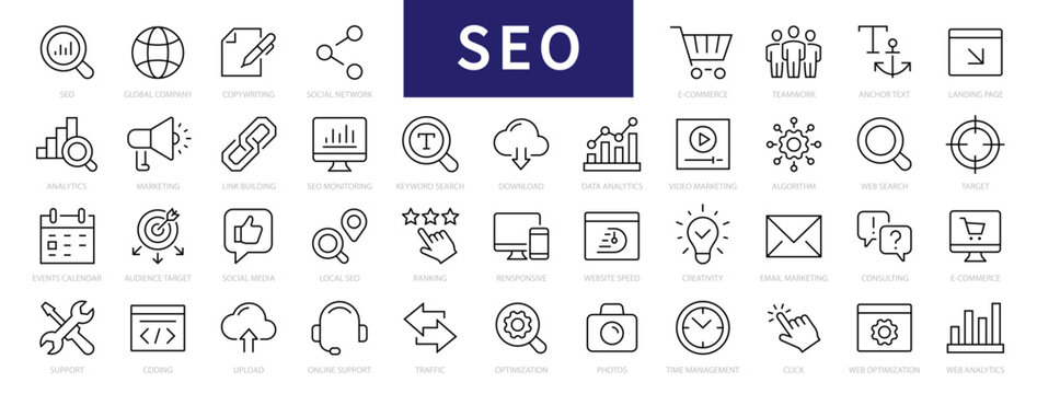 Search Engine Optimization - SEO thin line icons set. SEO icon collection. Web Development and Optimization icons. Vector illustration