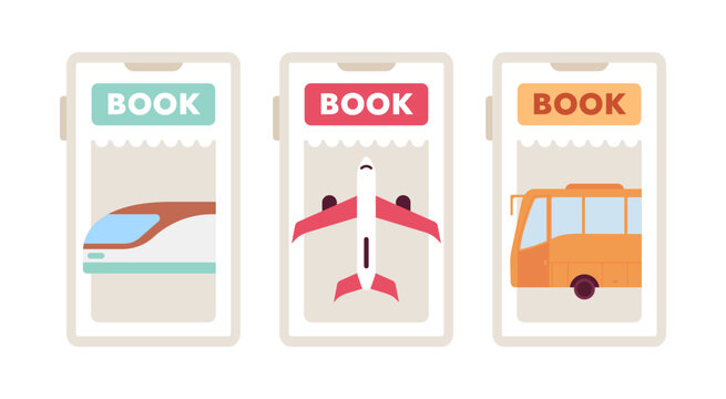 Booking bus, train, plane tickets app flat concept vector spot illustration set. Editable 2D cartoon objects on white for web UI design. Reservation creative hero image pack. Jost Extrabold font used