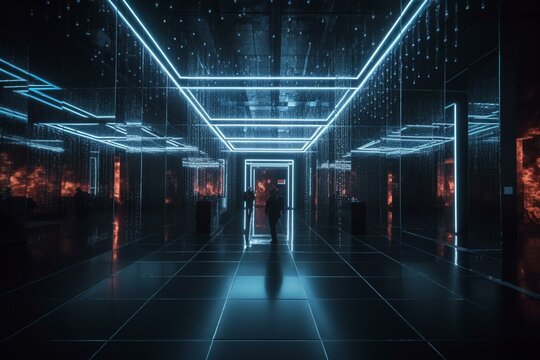 Luminous exhibition hall. Computer-generated visual. Generative AI