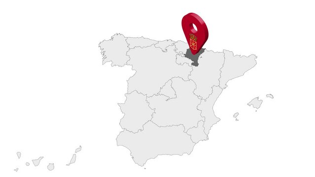 Location Navarre on map Spain. 3d Navarre flag map marker location pin. Map of Spain showing different parts. Animated map Autonomous communities of Spain. 4K.  Video