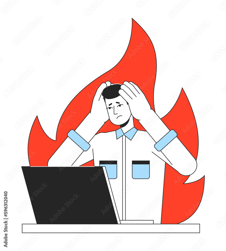 Poster job burnout flat line concept vector spot illustration. stressed employee with laptop at work 2d car