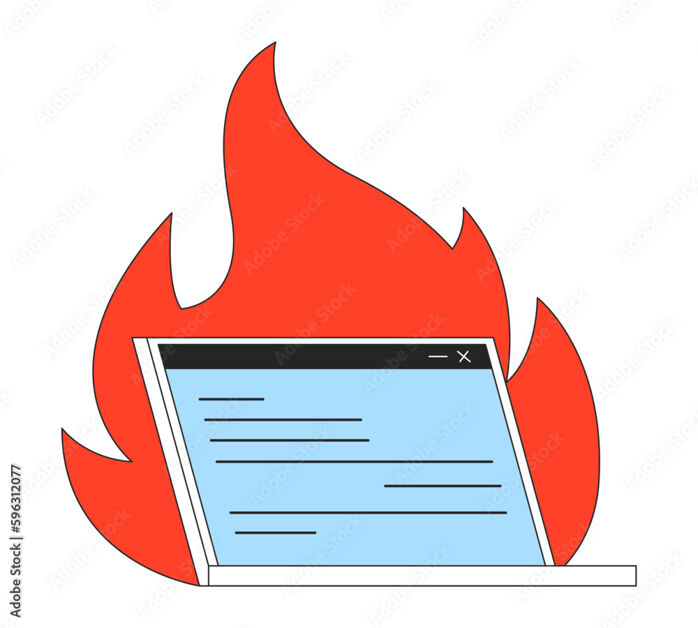 Aufkleber digital burnout flat line concept vector spot illustration. laptop on fire 2d cartoon outline object