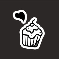 Doodle style muffin cake sticker on black background vector
