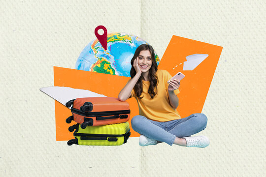Collage creative picture of young traveler girl choose cuba island phone summer tourism holidays geotag map isolated on drawn background