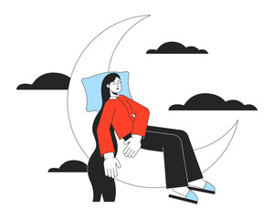 Healthy sleep hygiene flat line concept vector spot illustration. Woman napping on crescent 2D cartoon outline character on white for web app UI design. Mental wellbeing editable colorful hero image
