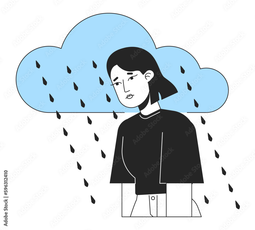 Poster chronic depression flat line concept vector spot illustration. woman experiencing low mood 2d cartoo