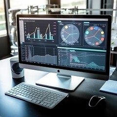 Naklejka premium Business Analytics and Data Management System on computer, make a report with KPI. Generative AI