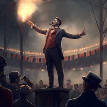 a male carnival barker is standing on a tall platform calling to the crowd to come see the fire eater perform 