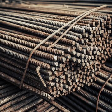 Close-up of steel bars, also known as rebar, used in building construction. Generative AI