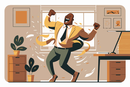 Successful African American businessman dances for joy in the office. Flat illustration created with Generative AI technology.