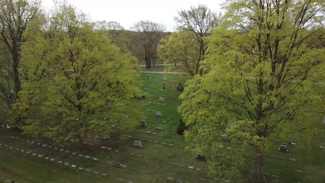 cemetery drone aerial footage Grand Rapids Michigan with green foliage and trees