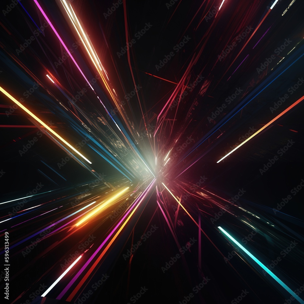 Poster dark abstract space with colorful geometric light strips. generative ai