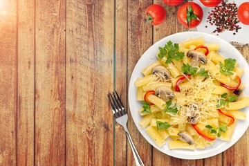 Tasty fresh pasta noodles dish with tomato sauce